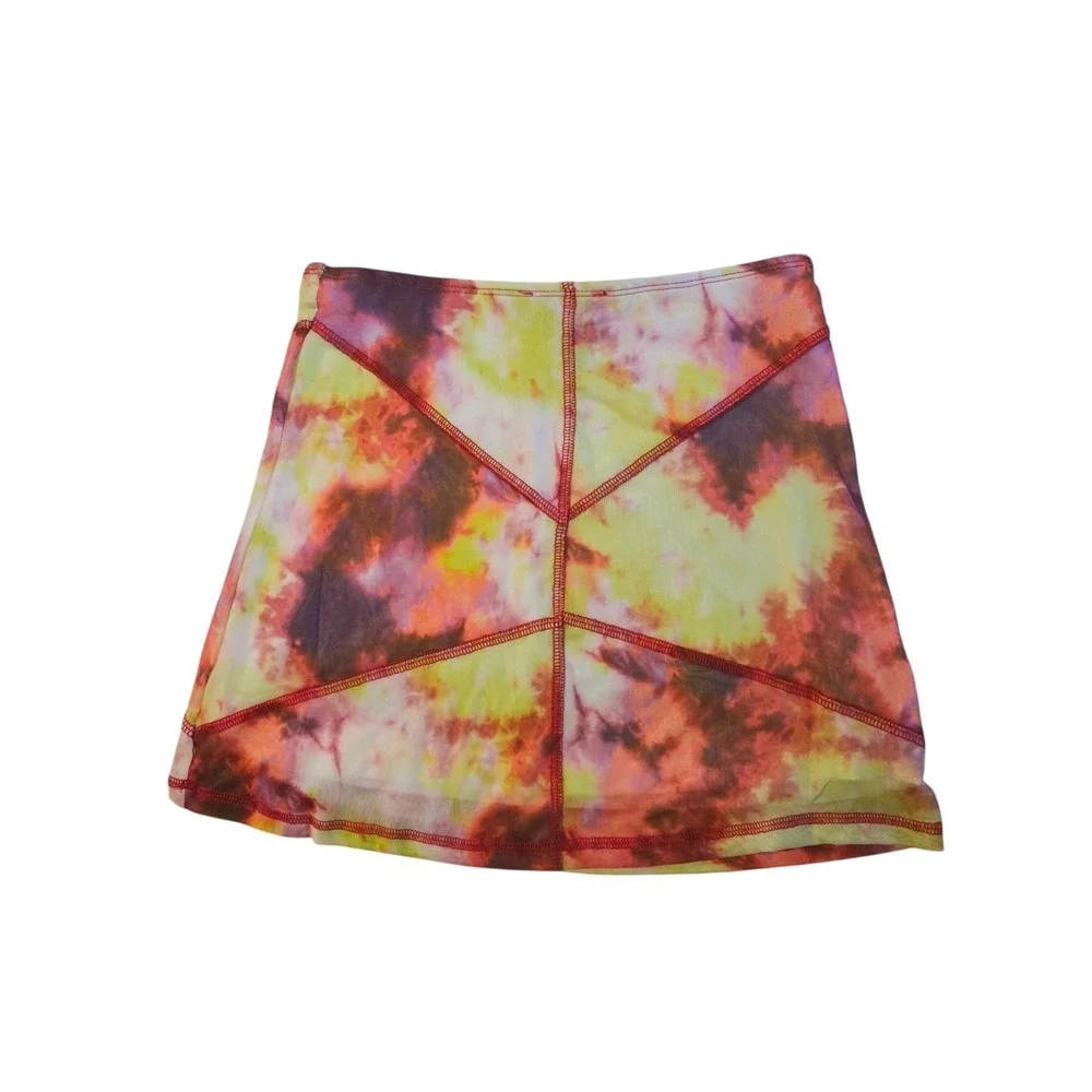 Club Exx Red Stiched Tie dye Pink Yellow Bodycon Mini Skirt Stretch S NWOT